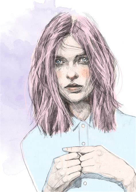 a drawing of a woman with pink hair and blue shirt holding her hand over her chest
