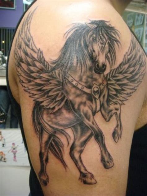 Brilliant Grey Pegasus Tattoo On Right Shoulder Tattoos Pegasus