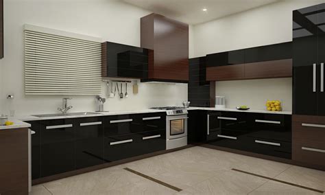 Contemporary Dark Black And Brown Modular Open Kitchen Design By Dexl