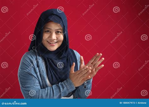 Happy Asian Muslim Woman Wearing Hijab Happy Proud Clapping Gesture