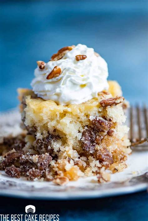 Pecan Pie Cake Recipe With Sugary Nut Topping And Ice Cream