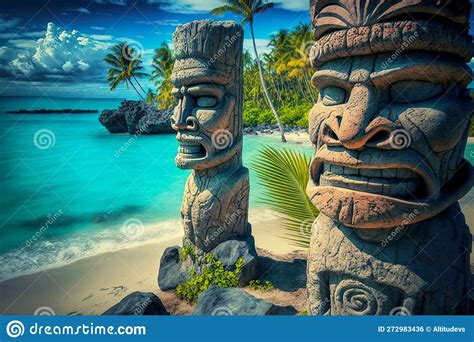 Ancient Stone Idols Tiki Mask On Beach On Exotic Island Stock Illustration Illustration Of