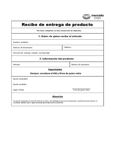Recibo De Entrega De4 Producto Mercadopago Pdf