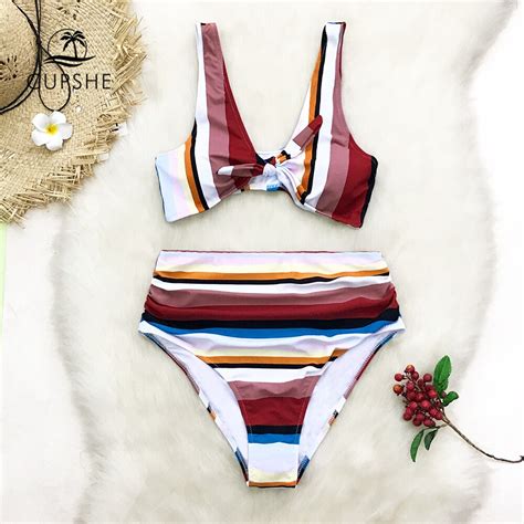 Cupshe Colorful Stripe High Waisted Bikini Sets Women Front Knot Two Pieces Swimsuits 2019 Girl