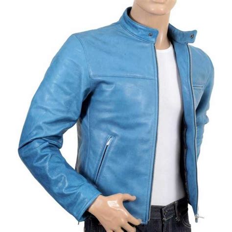 New Mens Dodge Mens Sky Blue Motorcycle Style Leather Jacket