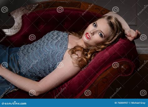 Closeup Portrait 1940s Woman Laying On Couch Stock Image Image Of
