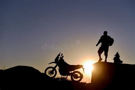 Motorcyclist Adventure Long Trails Sunrise And Sunset Times Stock