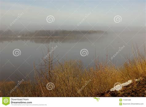 Morning Spring Fog Over The River Rises The Sun Is Melting