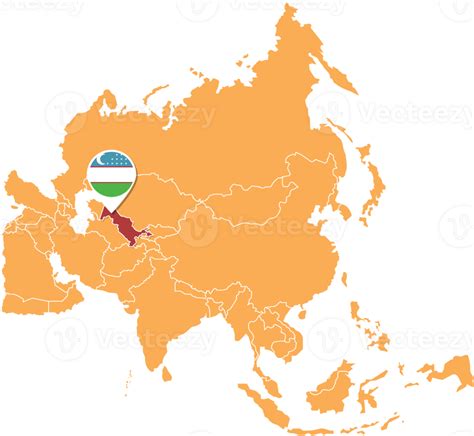 Uzbekistan map in Asia, Icons showing Uzbekistan location and flags