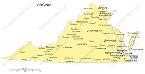 Virginia Outline Map With Capitals And Major Cities Digital Vector