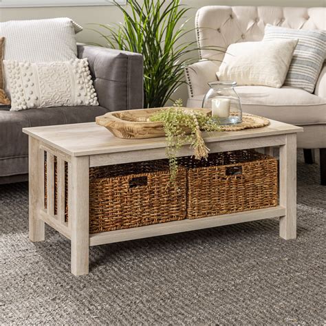Woven Paths Traditional Storage Coffee Table With Bins White Oak