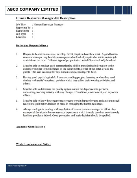 Free Human Resources Manager Job Description Template Content Manager ...