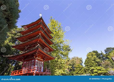 Red Pagoda And Trees In A Japanese Garden Stock Photo Image Of Japan