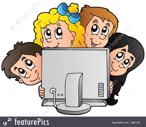 Children Cartoon Kids With Computer Stock Illustration