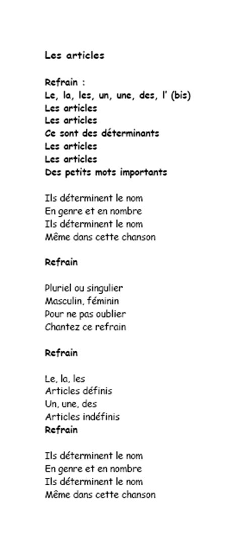 Les Articles French Childrens Song Lyrics And Sound Clip