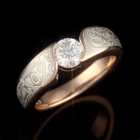 Mokume Wave Engagement Ring In 14k Rose Gold With Our White Mokume Gane