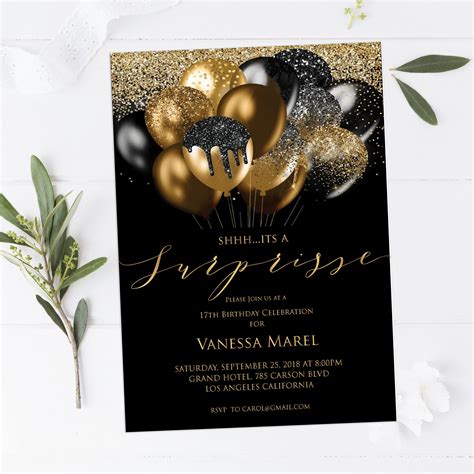 Gold Shhh Its A Surprise Invitation Black And Gold Etsy Birthday