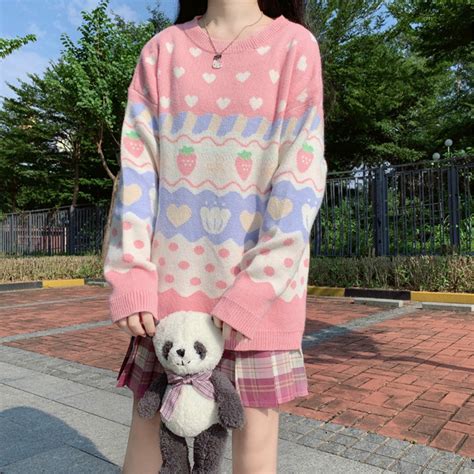 Japanese Kawaii Knitting Sweater Women Cute Strawberry Etsy