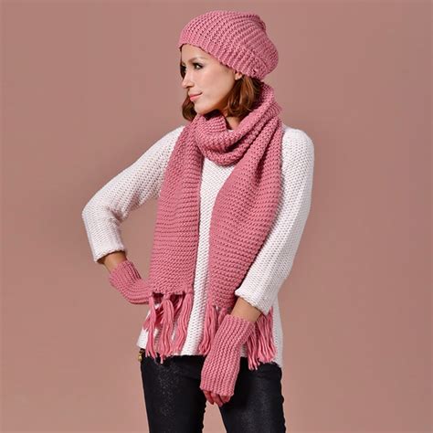 Autumn Winter Hat Scarf Gloves Set Knit Hat Gloves Scarves Women Warm Scarves 5 Colors Free