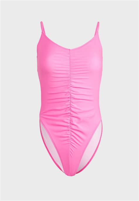 Buy Missguided Pink Ruched Front Plunge High Leg Swimsuit For Women In