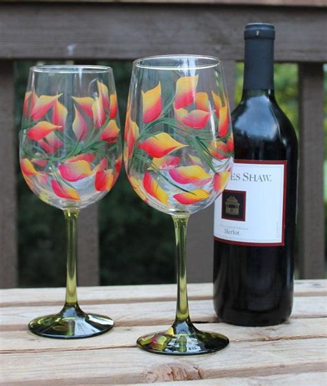 Hand Painted Wine Glasses Fall Leaves On Green Stem Glasses Etsy Hand Painted Wine Glasses