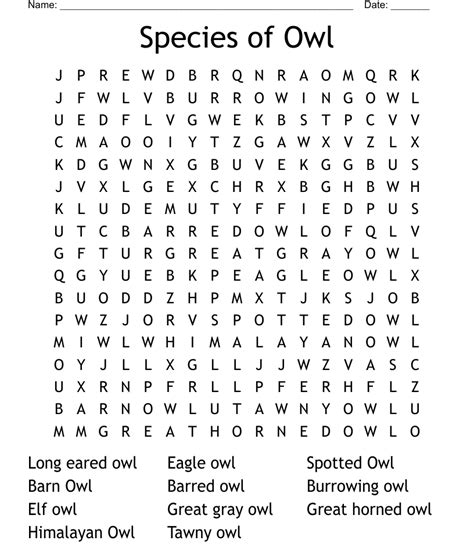 Species Of Owl Word Search Wordmint