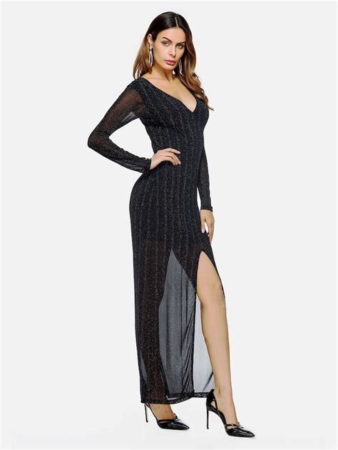 Semi Sheer High Split Glitter Maxi Dress SHEIN UK Maxi Dress Maxi