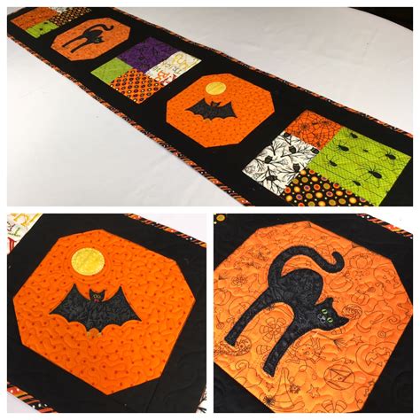 Quilted Halloween Table Runner with Appliqued Black Cat, Bat and Moon ...