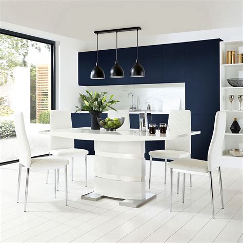 Komoro White High Gloss Dining Table With 6 Renzo White Leather Chairs