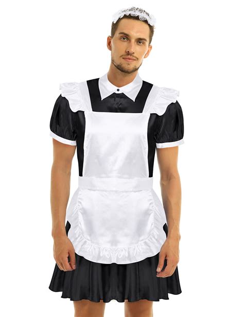 2Pcs Sissy Men French Maid Costume Short Sleeves Satin Fancy Dress