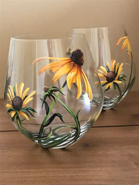 Wildflowers Hand Painted Stemless Wine Glasses Prairie Flowers Lily Thistle Coneflower Queen