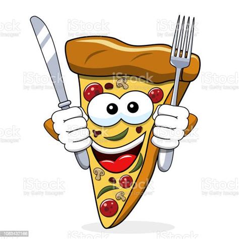 Pizza Slice Cartoon Funny Fork Knife Eating Hungry Isolated Stock