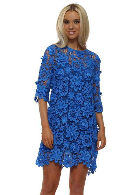 Cobalt Blue Lace Crochet Mini Shift Dress