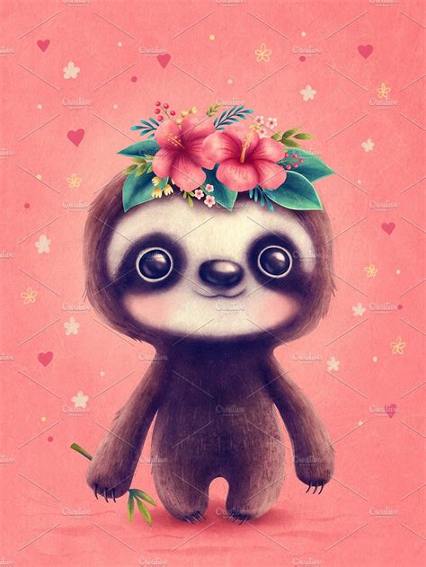 Cute Sloth with Flowers | Cute art, Sloth art, Cute sloth