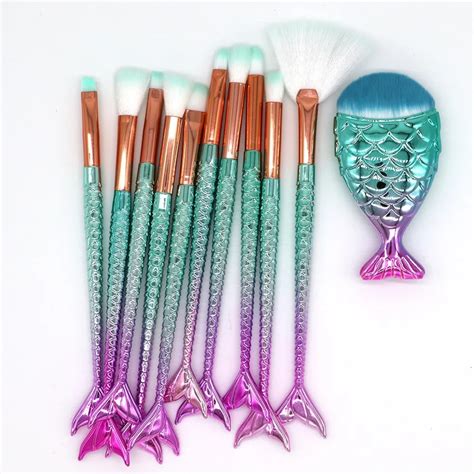 11pcs Pro Mermaid Makeup Brushes Foundation Eyebrow Eyeliner Blush