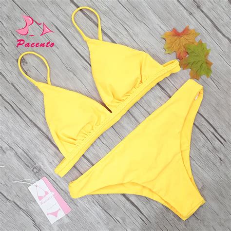 Pacento New Sexy Solid Yellow Bikini Sling Swimsuits For Women Two
