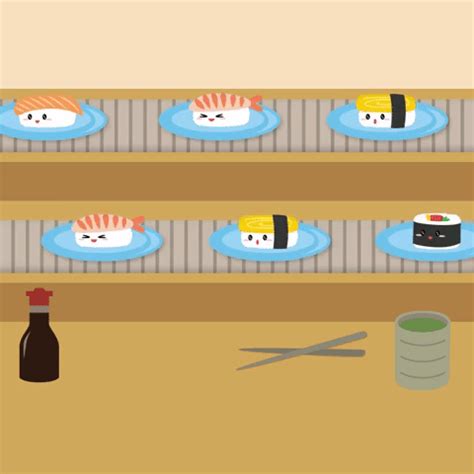 Sushi Plates Are Arranged On Wooden Shelves With Chopsticks And Bottles