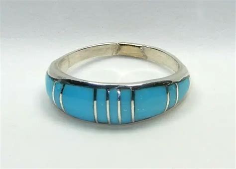 Zuni Indian Sterling Silver Turquoise Inlay Ring Signed Native American