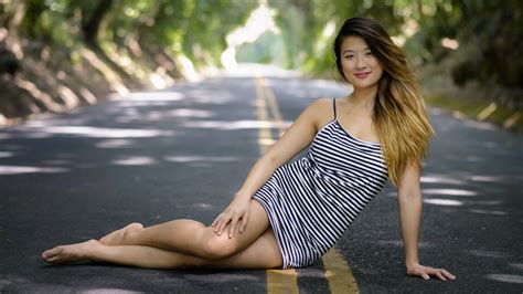 Wallpaper Women Outdoors Long Hair Barefoot Legs Asian Sitting Road Dress Smiling
