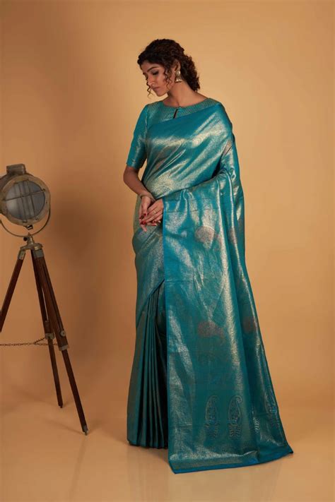 woven kanchipuram silk saree in blue ucchal fashion