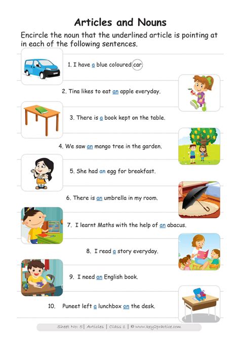 English Worksheets Grade 1 Chapter Articles Key2practice Easy