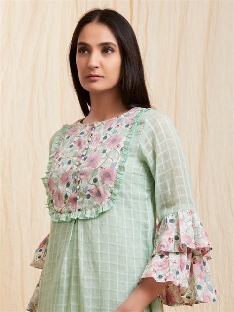 Mint Green Pink Checkered Cotton Kurta With Slip And Printed Pants