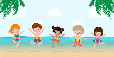 Premium Vector Summer Group Kids In Swimming Clothes With Inflatable