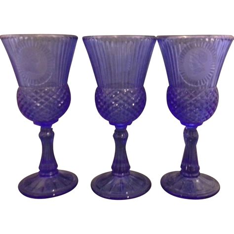 Avon George Martha Washington Blue Frosted Cameo Glass Goblets Set Of Three Glass Glass