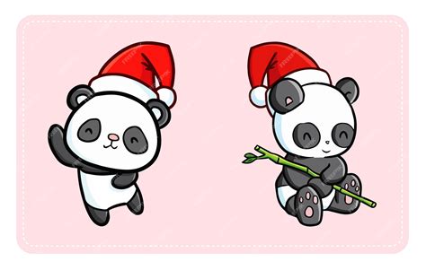 Premium Vector Cute And Funny Kawaii Pandas Wearing Santas Hat For