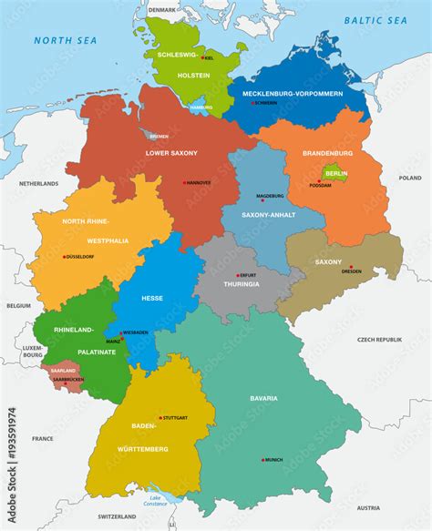 Administrative Map Of The Federal Republic Of Germany In English Stock