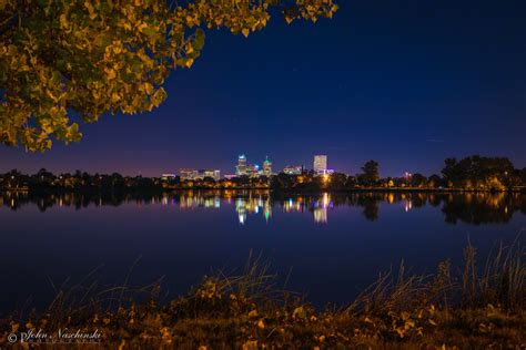 Denver Skyline Reflecting On Sloans Lake Autumn Evening