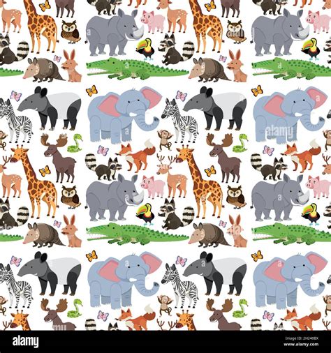Seamless Pattern With Cute Wild Animals On White Background