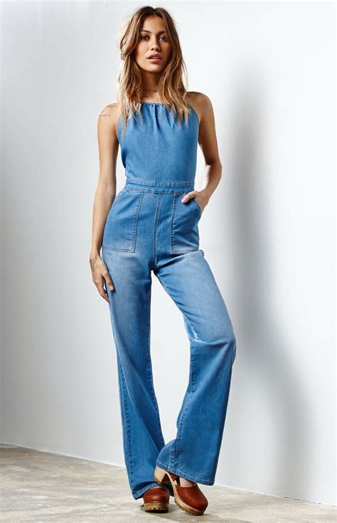 minkpink lights out halter denim jumpsuit at denim jumpsuit outfits fashion