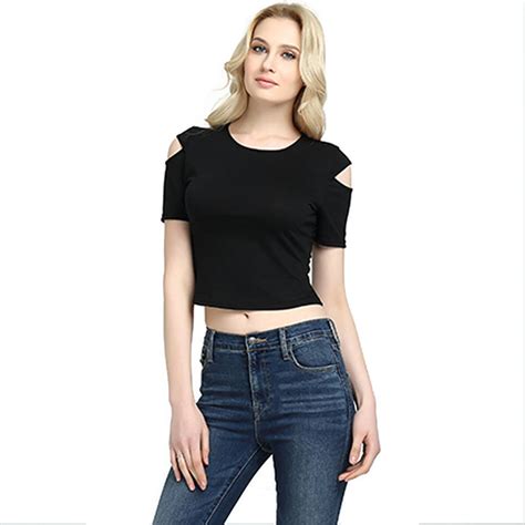 New Style Women Summer Top Tees Xs Xl Black Hollow Shoulder Girls Cropped T Shirt Free Shipping